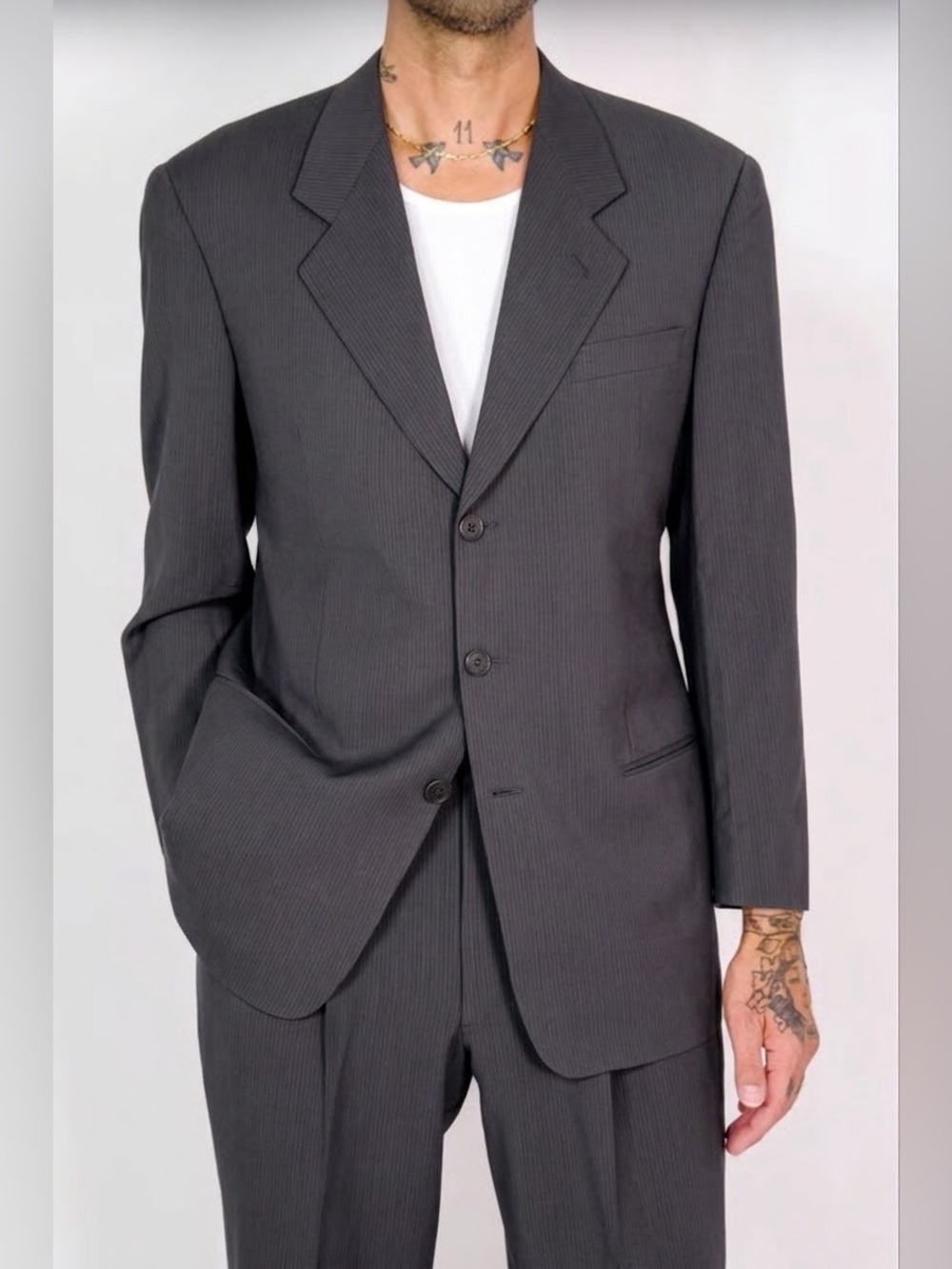 Armani Collezioni Mens 38R Suit Jacket Black Pinstripe 3 Button Italy